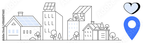 Sustainability, urban development, green energy, renewable resources, eco-friendly homes, location services. Line art of buildings with solar panels and trees. Sustainability and urban development