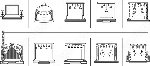 Professional event stage and lighting vector icon set featuring minimalist black and white line art of concert stages, theater platforms, truss systems, and spotlights.