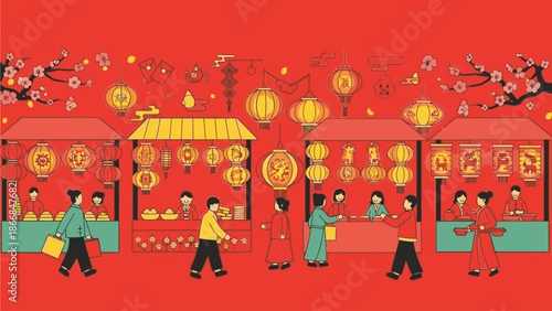 Vibrant illustration of people celebrating Chinese Day with traditional lanterns and decorations in a lively street market scene with red and gold tones.