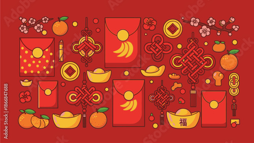 Flat lay composition of various Chinese New Year and Day symbols, including red envelopes, gold coins, and oranges, against a vibrant red background with intricate designs.