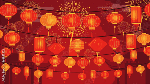 Vibrant red and orange Chinese lanterns hang in rows with fireworks in the background, creating a festive atmosphere for Chinese Day celebrations.