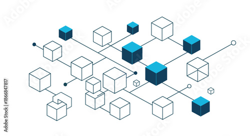 Abstract illustration of a network of interconnected blue and white cubes, representing blockchain technology or data systems.