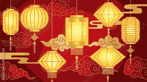 Vibrant illustration of hanging lanterns in various shapes and sizes against a deep red background with golden accents, celebrating Chinese Day with festive elegance and traditional motifs.