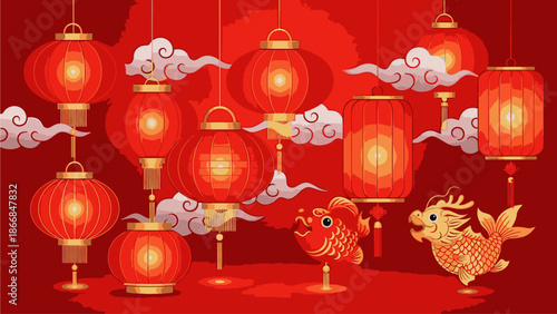 Vibrant illustration of red lanterns and golden fish with white clouds on a red background, celebrating Chinese Day with traditional festive elements.