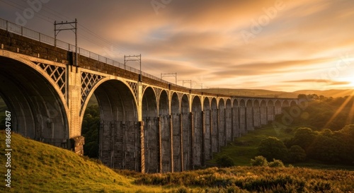 A long, arched railway viaduct at sunset.  Golden light bathes the structure.  Rolling hills and trees frame the scene