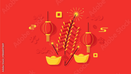Flat lay illustration of Chinese New Year or Chinese Day decorations including red lanterns, golden ingots, and firecrackers on a red background with golden accents.
