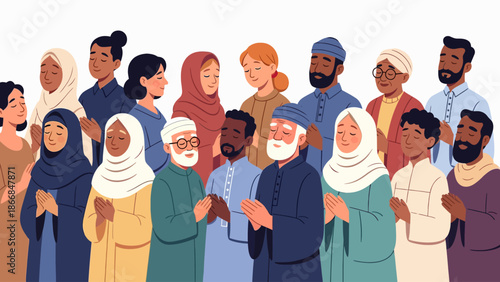 A diverse group of Muslim men and women of various ages and ethnicities standing together.