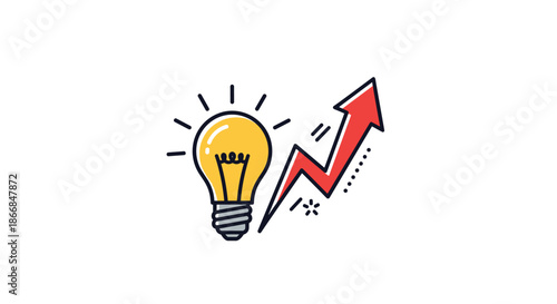 Cartoon light bulb with a red upward-trending arrow, illustrating a growing idea, innovation, or increased energy prices.