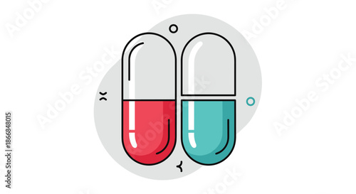 Simple line art illustration of a red and blue medicine capsule, representing healthcare, pharmacy, and medical treatment.