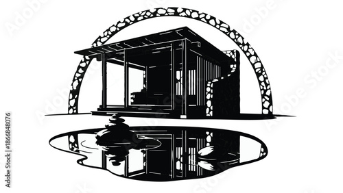 Serene architectural pavilion reflected in tranquil water with stone archway