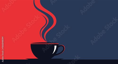 Minimalist illustration of a steaming coffee cup against a split red and dark blue background, offering a modern design.