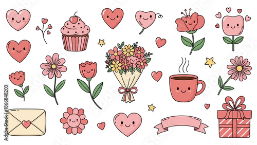 Kawaii Valentine's Day Sticker Set: Cute Heart Characters, Flowers, and Sweet Gifts Illustration Collection