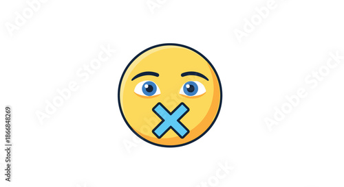 Cartoon emoji with a blue cross taped over its mouth, representing silence, secrecy, or being speechless and unable to talk.