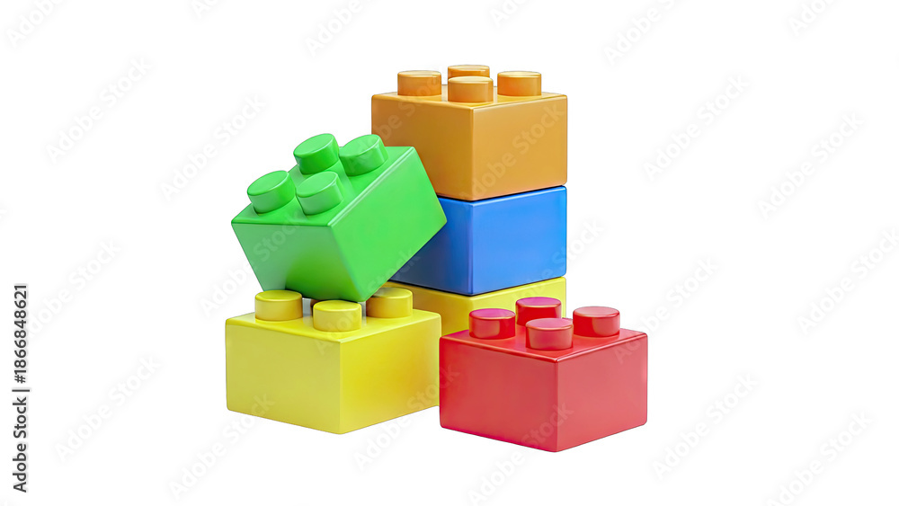 Fototapeta premium Colorful interlocking toy bricks stacked on a white background