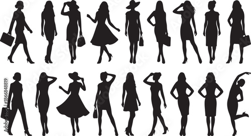 Collection Of Black Silhouettes Of Women In Various Fashionable Poses And Outfits