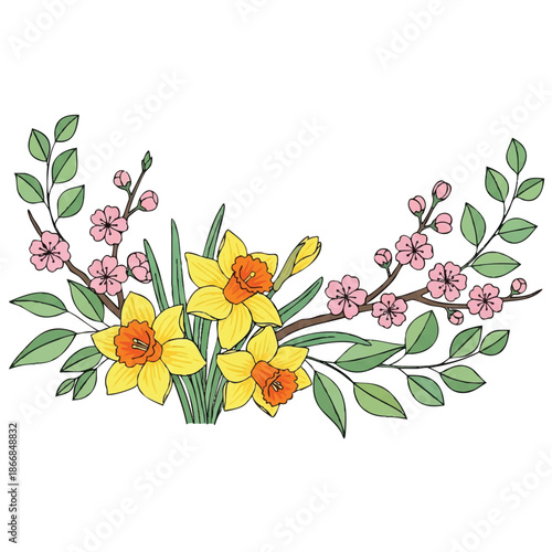Cartoon illustration of a vibrant floral arrangement featuring yellow daffodils and pink cherry blossoms on a white background with a cute and playful design.