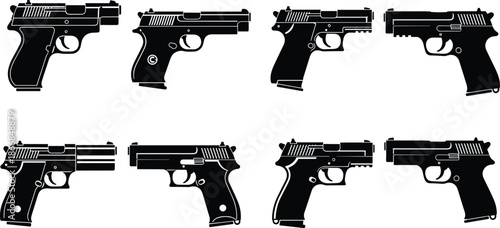 Large silhouette collection of various modern handgun and pistol models isolated on white background for security, defense, and law enforcement vector design,