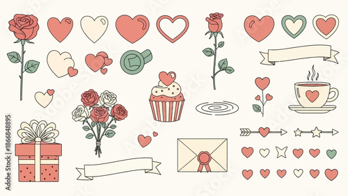 Kawaii Valentine's Day Sticker Set: Cute Heart Characters, Flowers, and Sweet Gifts Illustration Collection