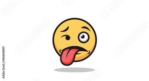 Funny and dizzy cartoon emoji with one eye winking, one eye wide, and its tongue sticking out, looking sick or exhausted.