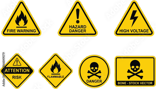 Collection Of Yellow And Black Safety Warning Signs Featuring Hazard Icons And Text