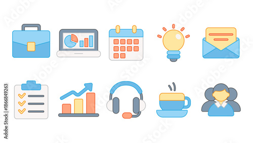 A collection of professional icons representing daily office tasks and business management tools