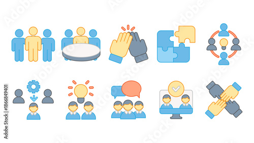 Icons depicting people working together, sharing ideas, and collective problem solving