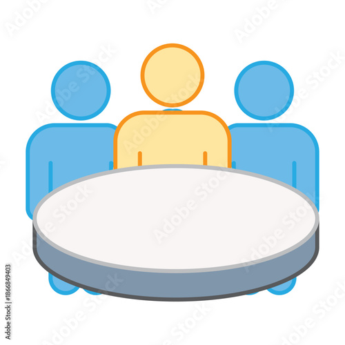 Three people sitting around a large round table illustrating a business meeting or group discussion