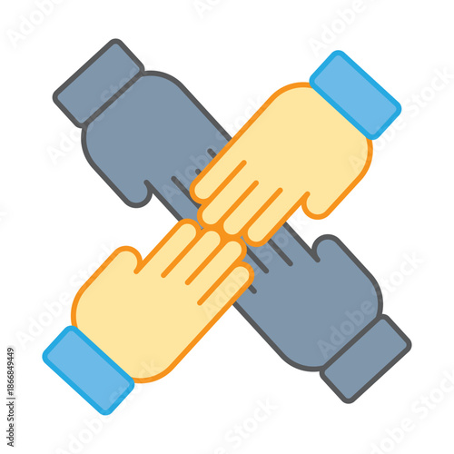 Four hands placed on top of each other in the center forming a cross shape to show deep commitment and unity
