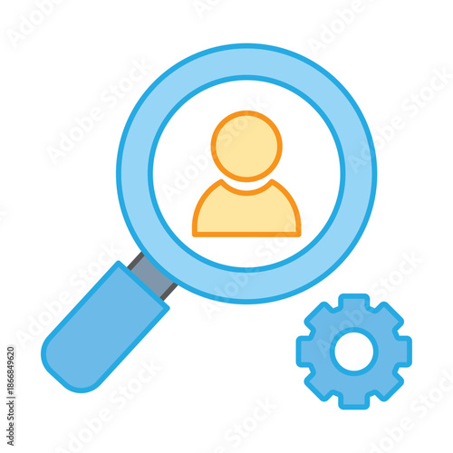 A magnifying glass focusing on a person icon with a gear symbol representing human resource management and settings