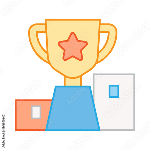 A golden trophy cup with a star on it placed on a winner's podium with three different levels