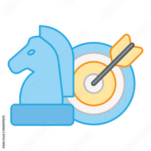 Light blue knight chess piece standing in front of a bullseye target with an arrow hitting the center