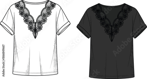 Women's technical fashion flat sketch template: short cuffed sleeve V-neck tee shirt/tunic with lace floral appliqué insert, front and back view, apparel vector.