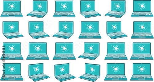 Collection of broken laptop computer screen icons with cracked glass display, set of damaged notebook technology vectors on white background