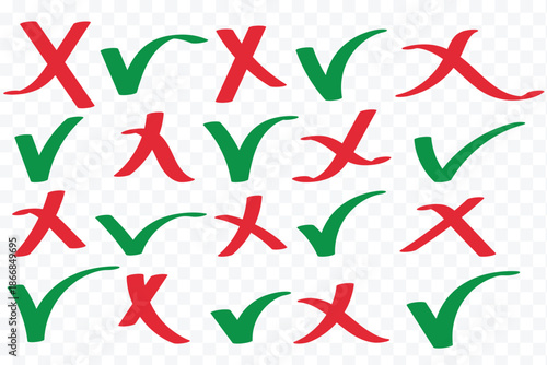 Green check mark and red cross icon set. Check box icon with correct, accept checkmark icons tick box checked. Approve symbol. Correct and wrong icons signs, flat round buttons. green and red colors.