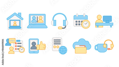 A set of professional flat line icons focusing on corporate communication strategies, team interaction, broadcasting information, and digital messaging for modern business environments