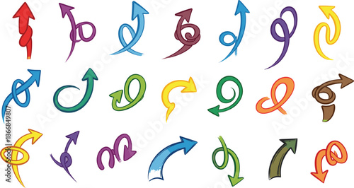 Colorful Hand Drawn Curved Arrow Set Decorative Directional Doodle Vector Icons
