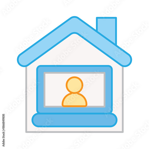A blue house icon with a person working on a laptop inside representing telecommuting