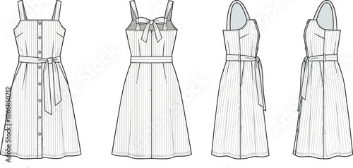 Strap dress technical fashion flat sketch vector, button-up front, belt detail, square neckline, midi A-line, side view, apparel template