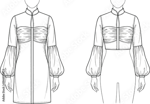 Women's technical fashion flat sketch template: long balloon sleeve tunic mini dress with mandarin collar and ruched fitted bust, front and back view, apparel vector.