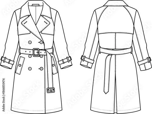 Women's double breasted belted trench coat technical fashion sketch front and back view cad drawing flat vector illustration apparel design