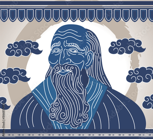 chinese philosopher in blue and white porcelain style