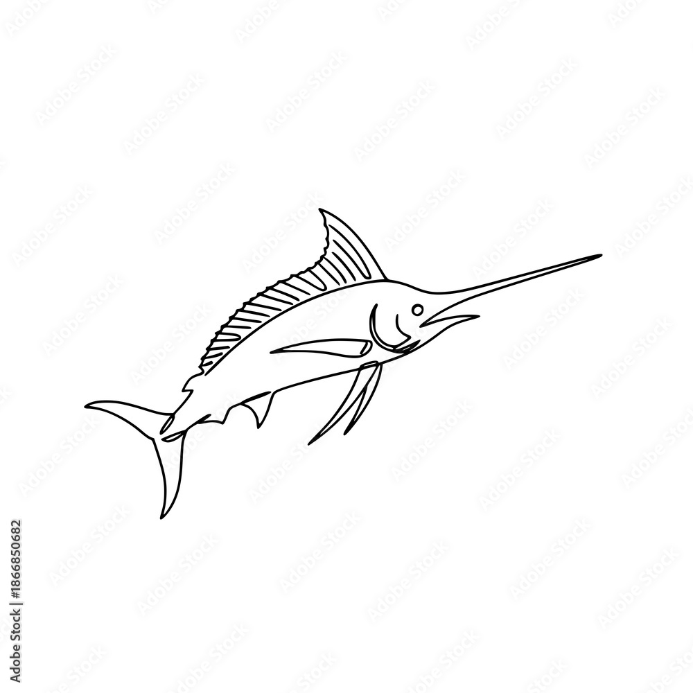 Obraz premium Minimal continuous line black marlin fish vector outline illustration