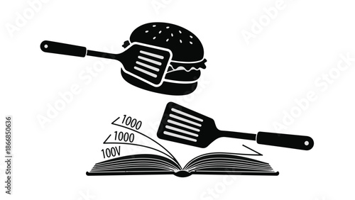 Learning to cook a burger with a spatula and recipe book