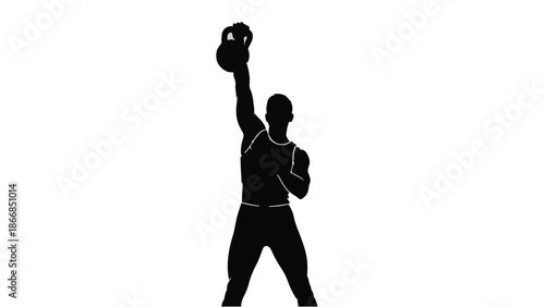 Strong silhouette of a man lifting a kettlebell overhead in a powerful fitness pose.