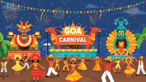 A vibrant illustration of a lively carnival celebration at night with colorful decorations and people dancing