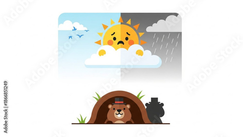 A vector graphic illustration of a bear in a cave with a weather forecast above it