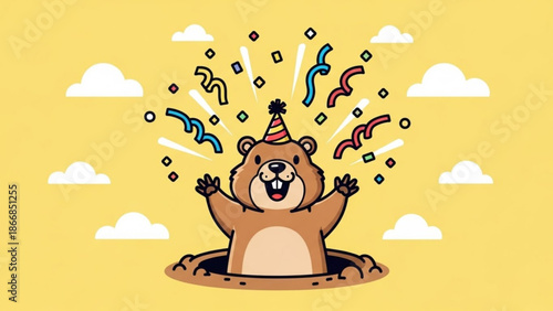 A cartoon bear celebrates a party in a hole with confetti and clouds