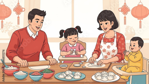 A happy family of four is cooking together in a kitchen with traditional Chinese decorations