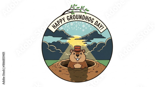 A colorful illustration of a groundhog in a hole with a banner that reads Happy Groundhog Day