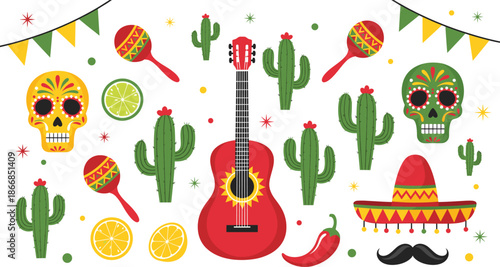 Mexican Fiesta Elements Set with Guitar Cactus Sugar Skulls Sombrero Vector Illustration